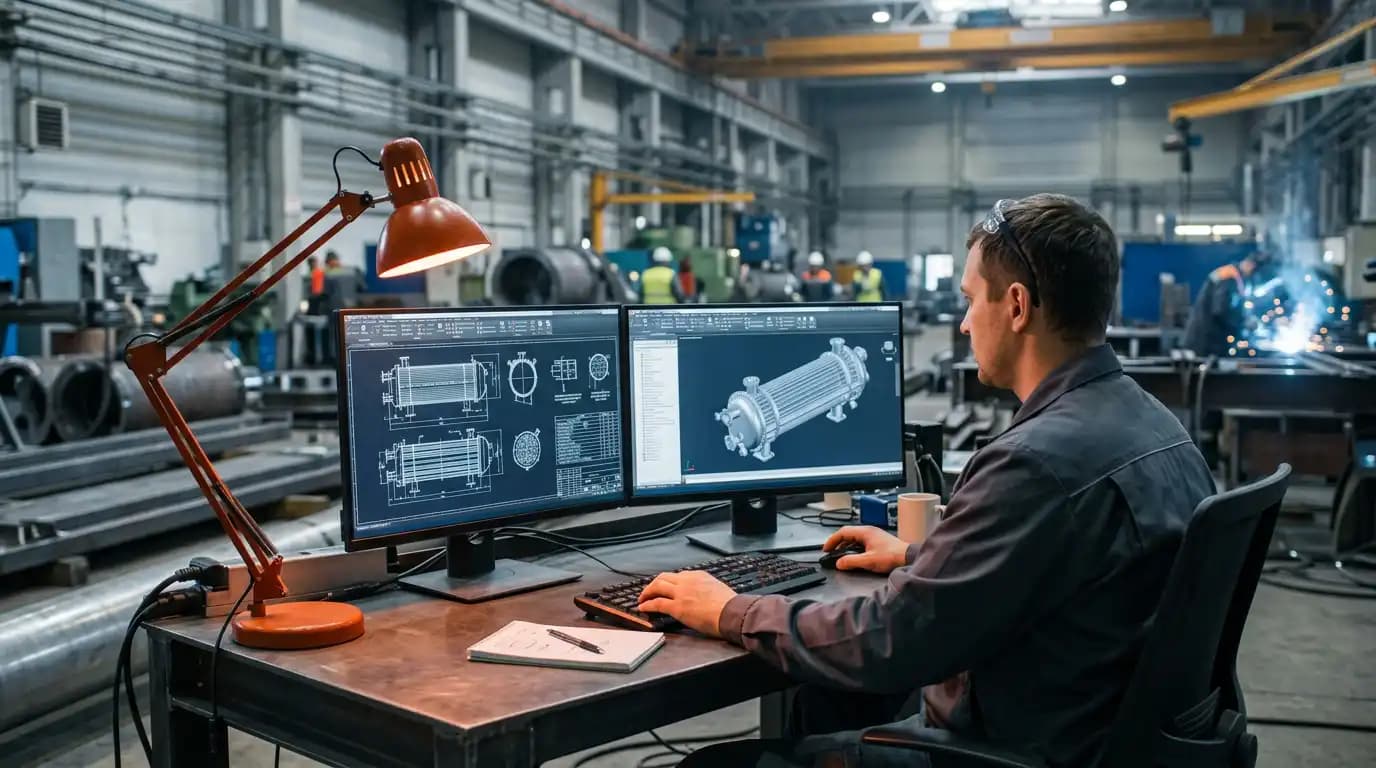 Инженер-проектировщик за работой с проектной документацией и оборудованием СОТ