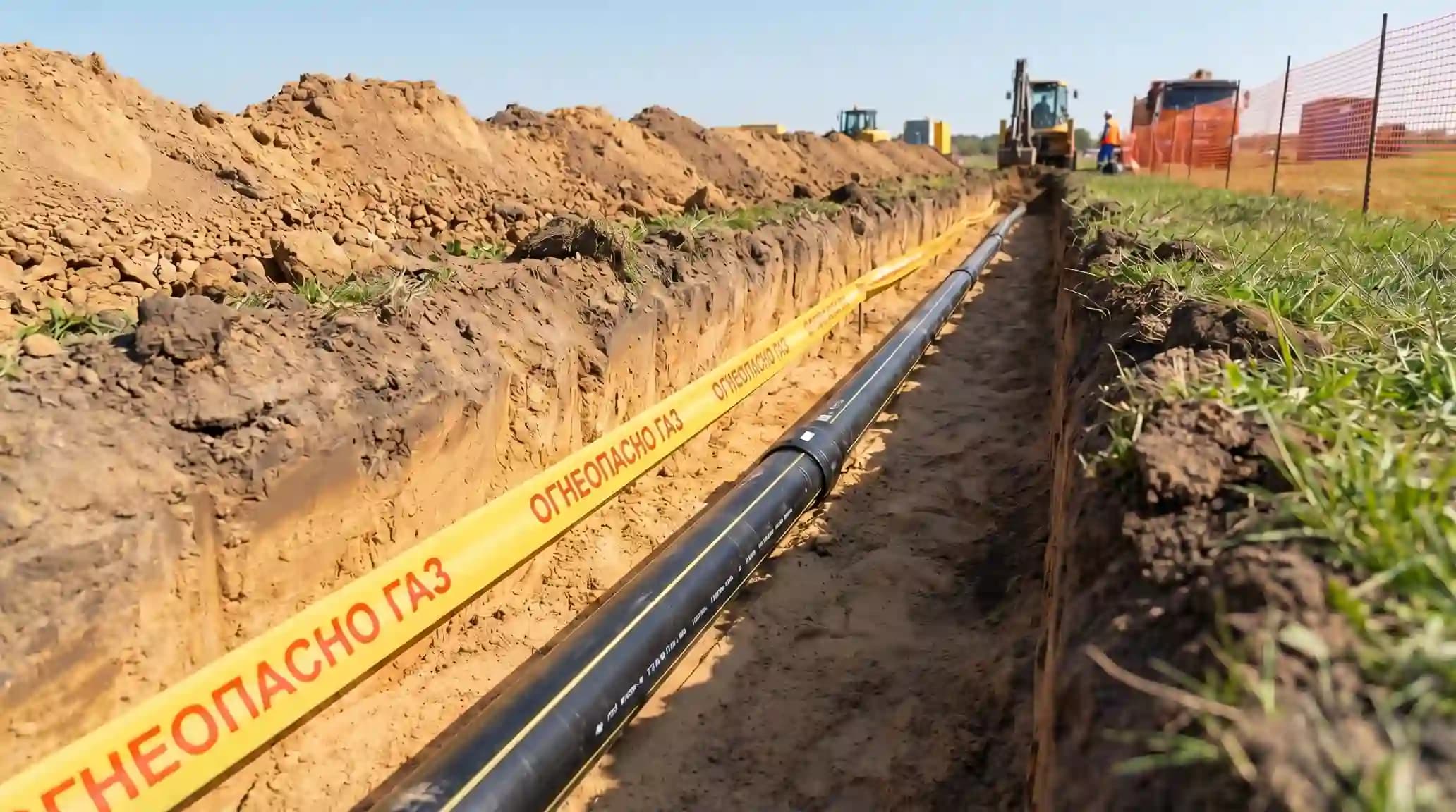 Строительство магистрального газопровода: трубы и арматура в траншее