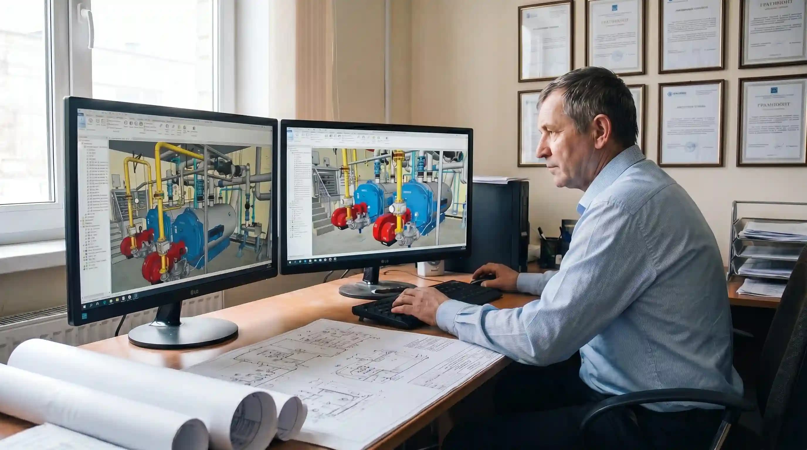 Инженерное проектирование: чертежи и измерительный инструмент на столе